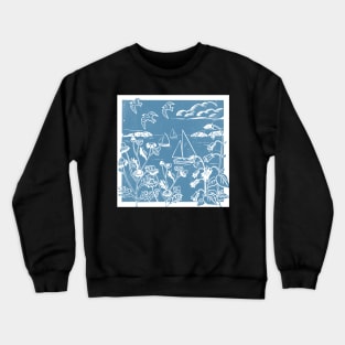 Seaside Linoprint of Sailing Boats and Blue Skies Crewneck Sweatshirt